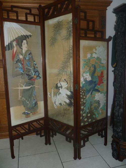 Antique Painted Silk Japanese Screen, Geisha, Cranes and Peacocks