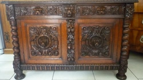 19th Century Carved Oak Cabinet Sideboard Lion Mask