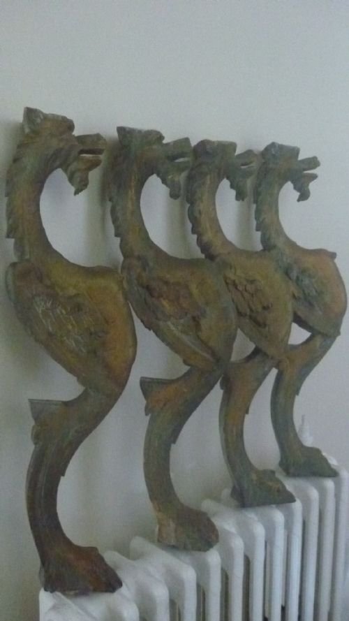 Large 19th Century Carved Wooden Gilt Winged Griffins X 4