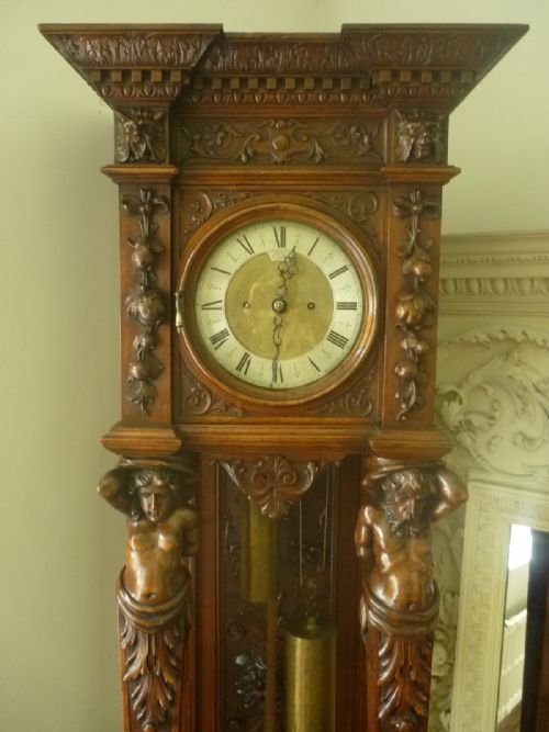 Dent 19th Century Carved Walnut Caryatid Masked Grandfather Clock