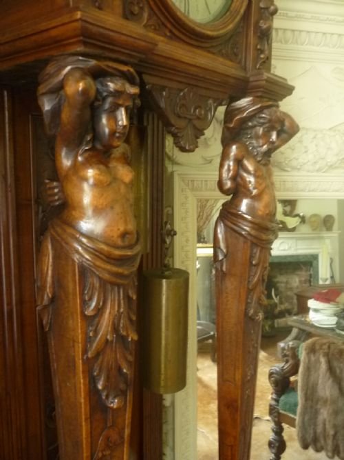 fig 1. Dent 19th Century Carved Walnut Caryatid Masked Grandfather Clock