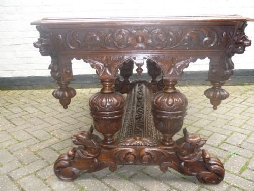 19th Century Carved Oak Table, Desk, Dining, Hall
