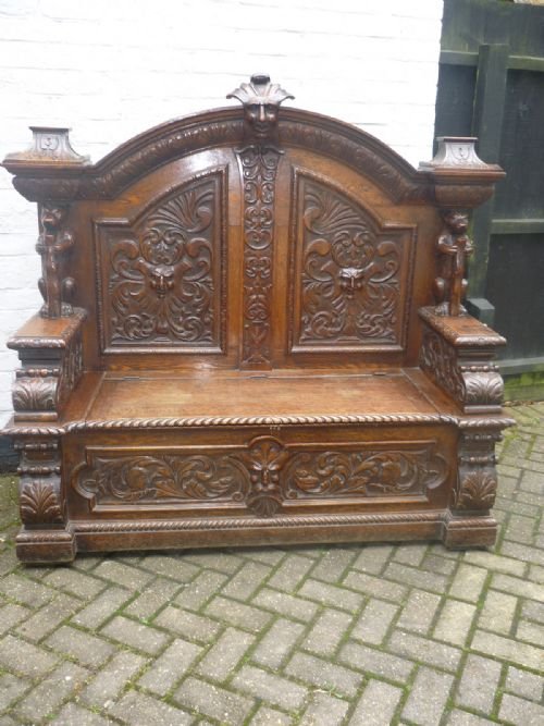 19th Century Carved Oak Settle Bench Bears Masked Faces Black Forest