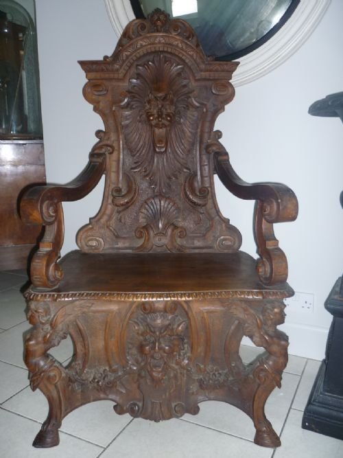 19th Century Carved Walnut Italian Throne Chair