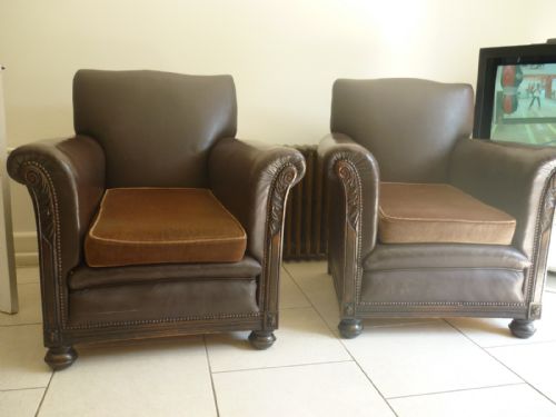 Victorian Carved Oak Leather Armchairs