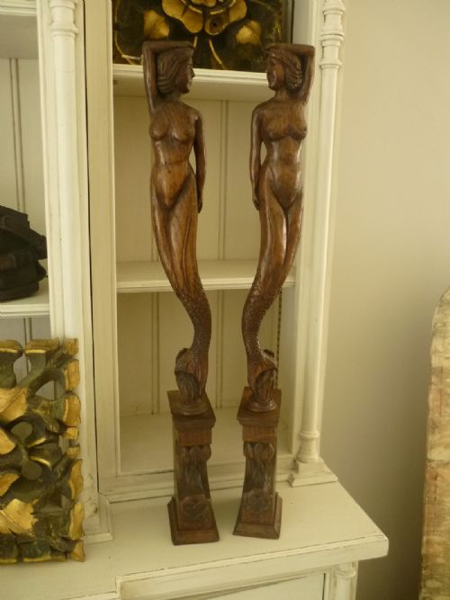 Arts Crafts  Carved Oak Figural Mermaids Fish Tails