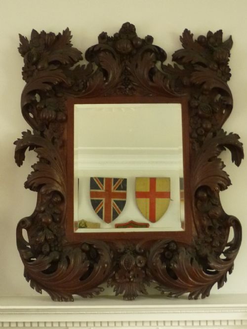 19th Century Carved Oak Rococo Mirror Fruits Flowers