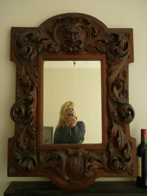 Carved Oak 19th Century Rococo Green Man Mirror