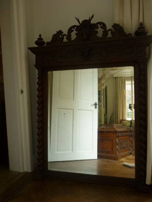 19th Century Large Black Forest Hunting Mirror in Carved Oak