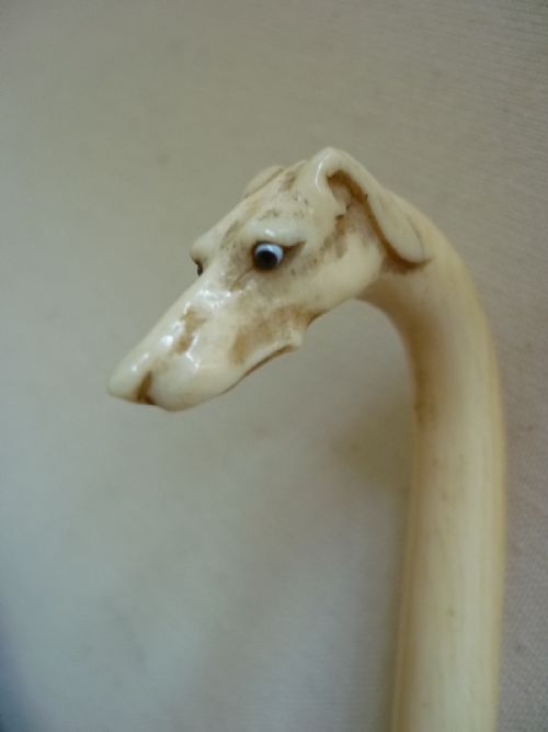 19th Century Carved Ivory Whippet Dog Hed Folding Silk Parasol