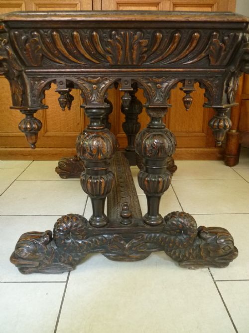 Victorian Carved Oak Library Table Lion Heads Green Man