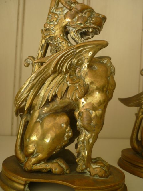 19th Century Pair Bronze Candlesticks Winged Griffins Lions