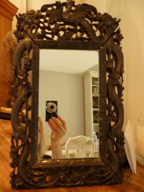 18th Century Carved Chinese Ebony Mirror Frame Dragons Bird