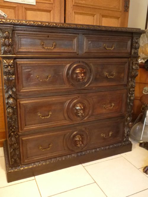 Carved Oak Victorian Chest of Drawers Lion Mask Carvings