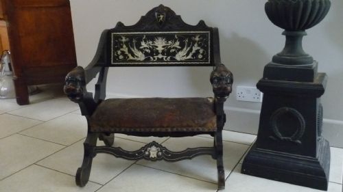 19th Century Italian Renaissance Ivory Inlaid Walnut Ebonised Chair