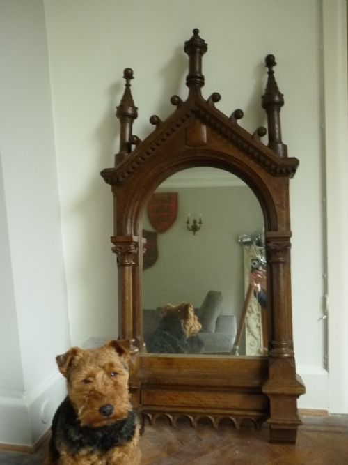 19th Century Carved Oak Church Gothic Mirror with Turrets