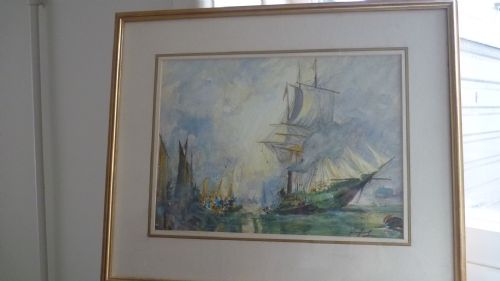 Antique Watercolour Painting of War Ships Signed