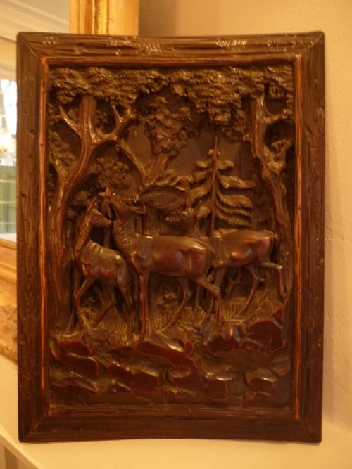 Antique Carved Black Forest Panel of Deer
