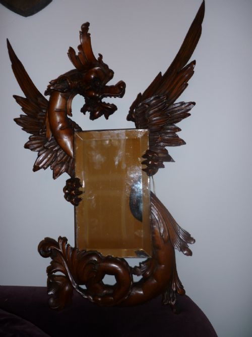 Large 19th Century Carved Black Forest Winged Dragon Mirror Attributed to Gabriel Viardot