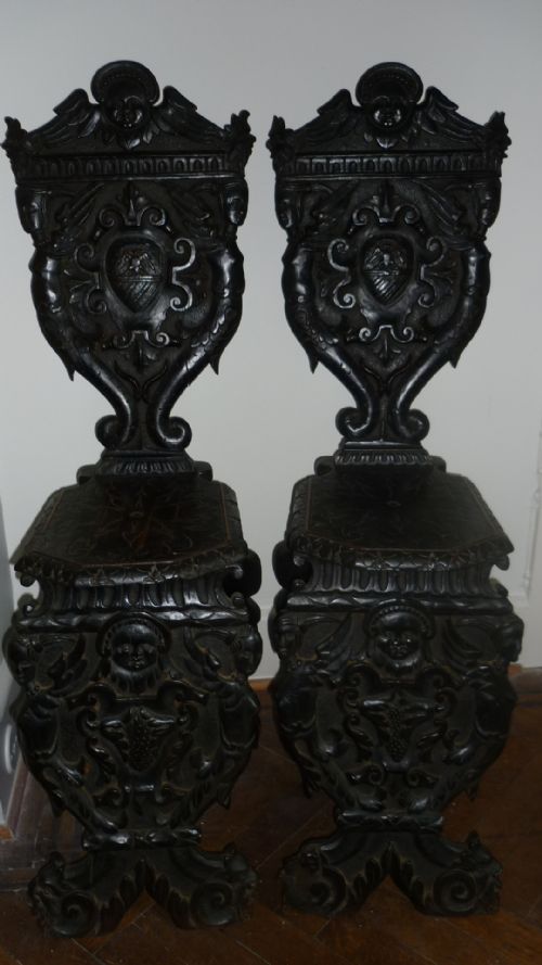 Pair 19th Century Carved Walnut Sgabello Hall Chairs