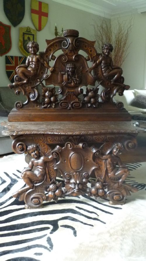 19th Century Carved Walnut Renaissance Settle Bench Seat Throne Chair