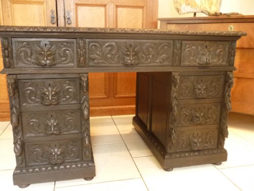 Victorian Carved Oak Green Man Lion Head Desk