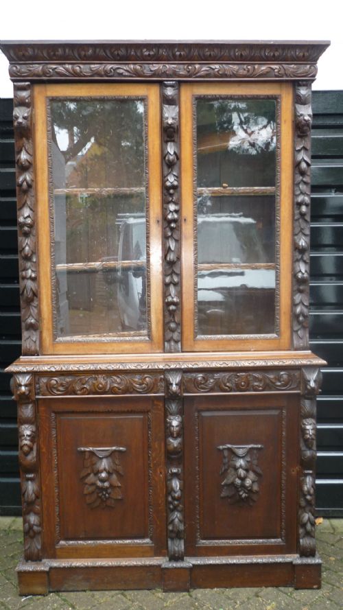 Victorian Carved Oak Bookcase Dresser