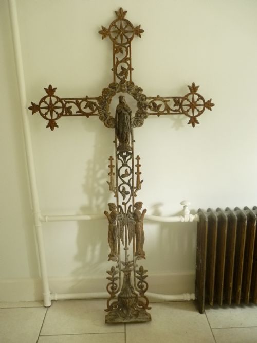 19th Century Cast Iron French Cross Angels Virgin Mary