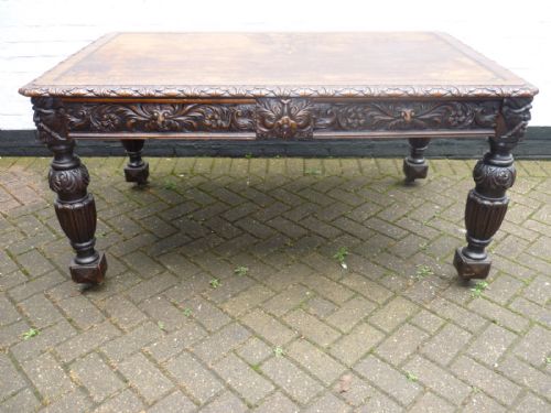 19th Century Large Carved Oak Partners Desk Table Green Man Lion Carvings