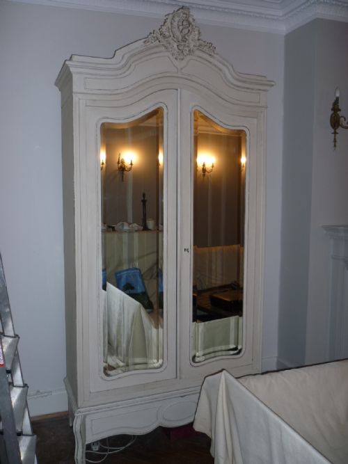 Antique French Cream Painted Double Armoire Wardrobe  Hall / Bedroom Cabinet
