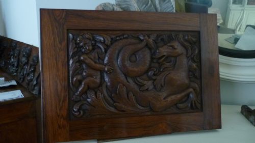 18th Century Carved Oak Panel Hippocampus Seahorse and a Cherub
