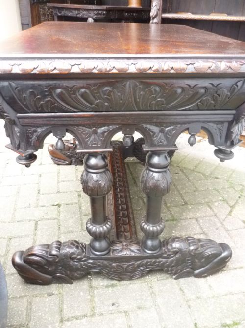 Victorian Carved Oak Library Central Table Dolphin Feet Green Man