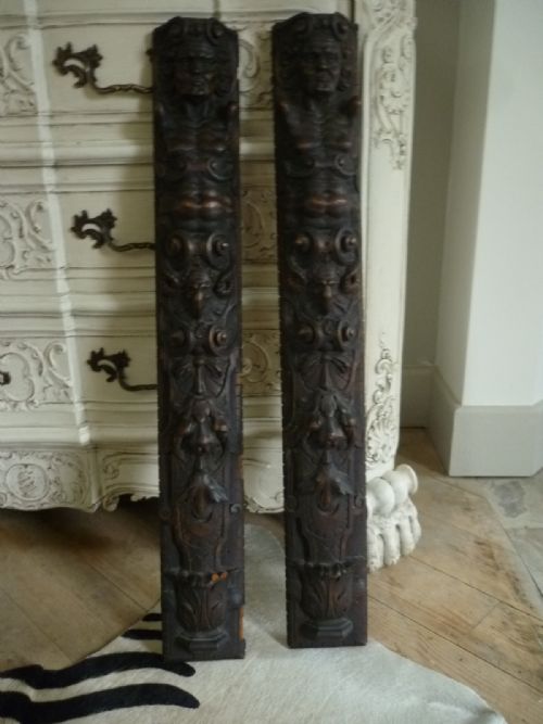19th Century Carved Walnut Caryatids Winged Gargoyles Panels Fireplace