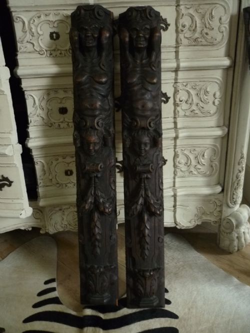 19th Century Carved Walnut Caryatids Cherubs