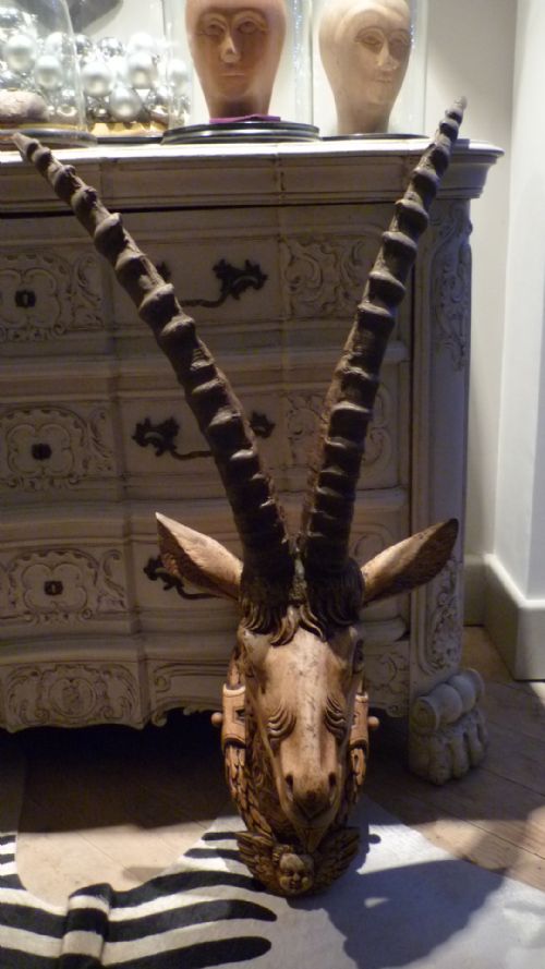 Large Antique Black Forest Wooden Ibex Carved Head / Cherub