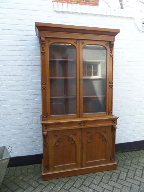 19th Century Carved Oak Gothic Church Bookcase Cupboard
