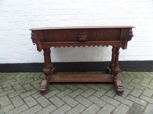 Victorian Carved Oak Library Hall Table Dolphin Feet Green Man