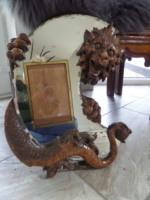 Stunning 19th Century Carved Walnut Dragon Lion Mirror Black Forest