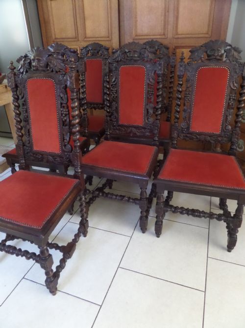 19th Century Set of 6 Carved Oak Green Man Dining Chairs