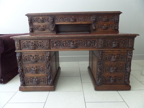 Large Victorian Gothic Carved Oak Pedestal Desk Green Man and Lion Head Carvings