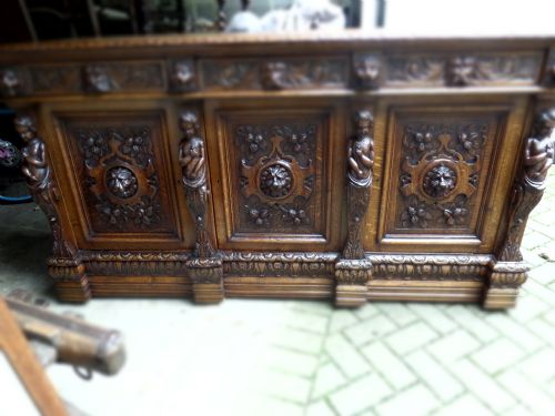 Victorian Antique Carved Oak Sideboard Caryatids Lions