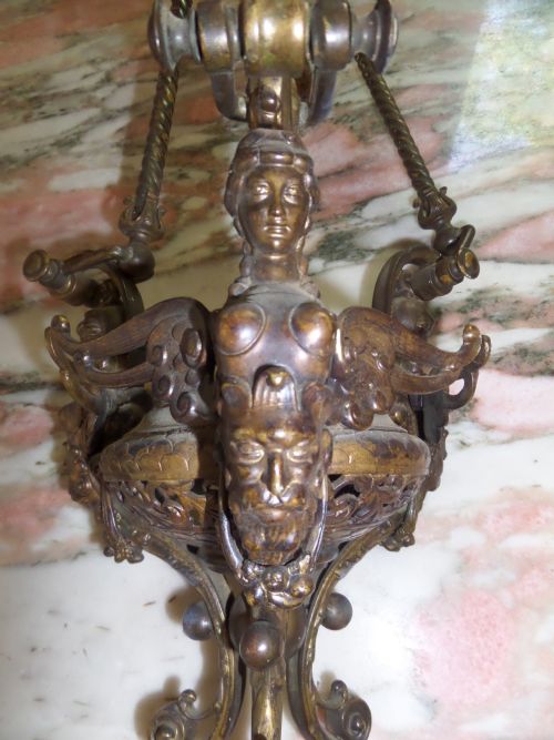 19th Century Renaissance Winged Caryatid Sanctuary Oil Lamp Chandelier
