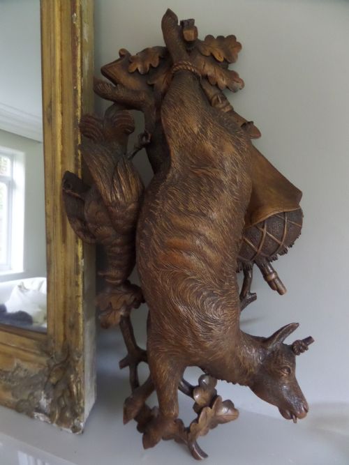 Antique Carved Black Forest Stag Deer Game Plaque Panel