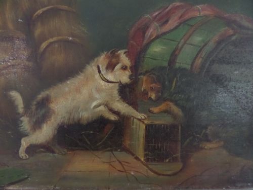 19th Century Terrier Dog Oil Painting Signed
