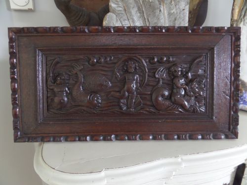 17th Century Carved Oak Panel Cherubs, Fish and Hippocampus