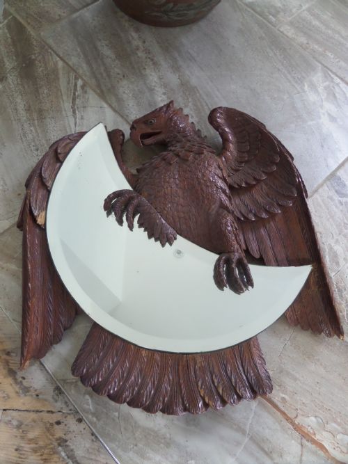 Antique Large Black Forest Half Moon Eagle Mirror