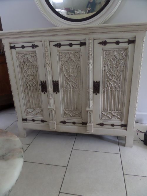 19th Century Carved Gothic Church Sideboard Cabinet with Tracery Panels