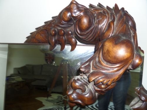 fig 2. 19th Century Japanese Carved Rare Large Fantasy French Overmantel Gabriel Viardot Dragon Mirror Miroir