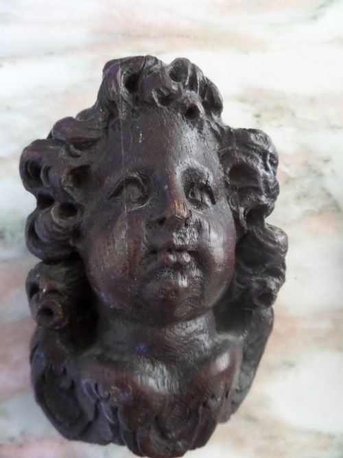 17th Century Carved Oak Angel, Cherub Head with Wings