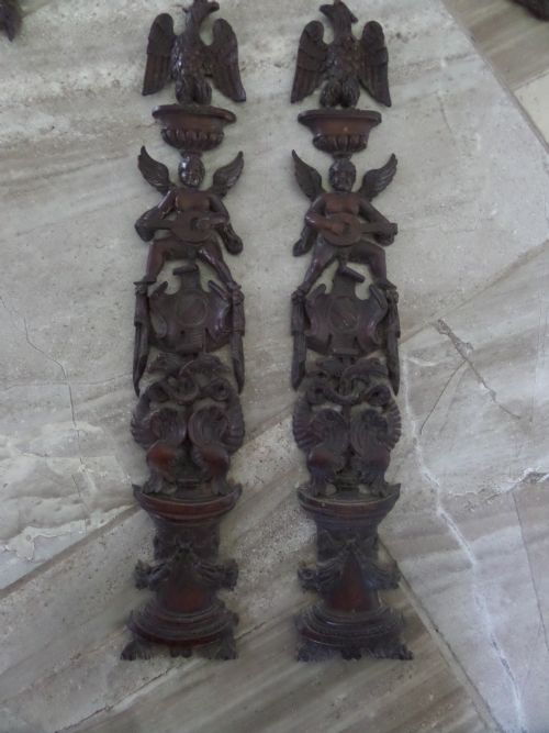 Pair 18th Century Carved Walnut Caryatid Winged Cherub Eagle